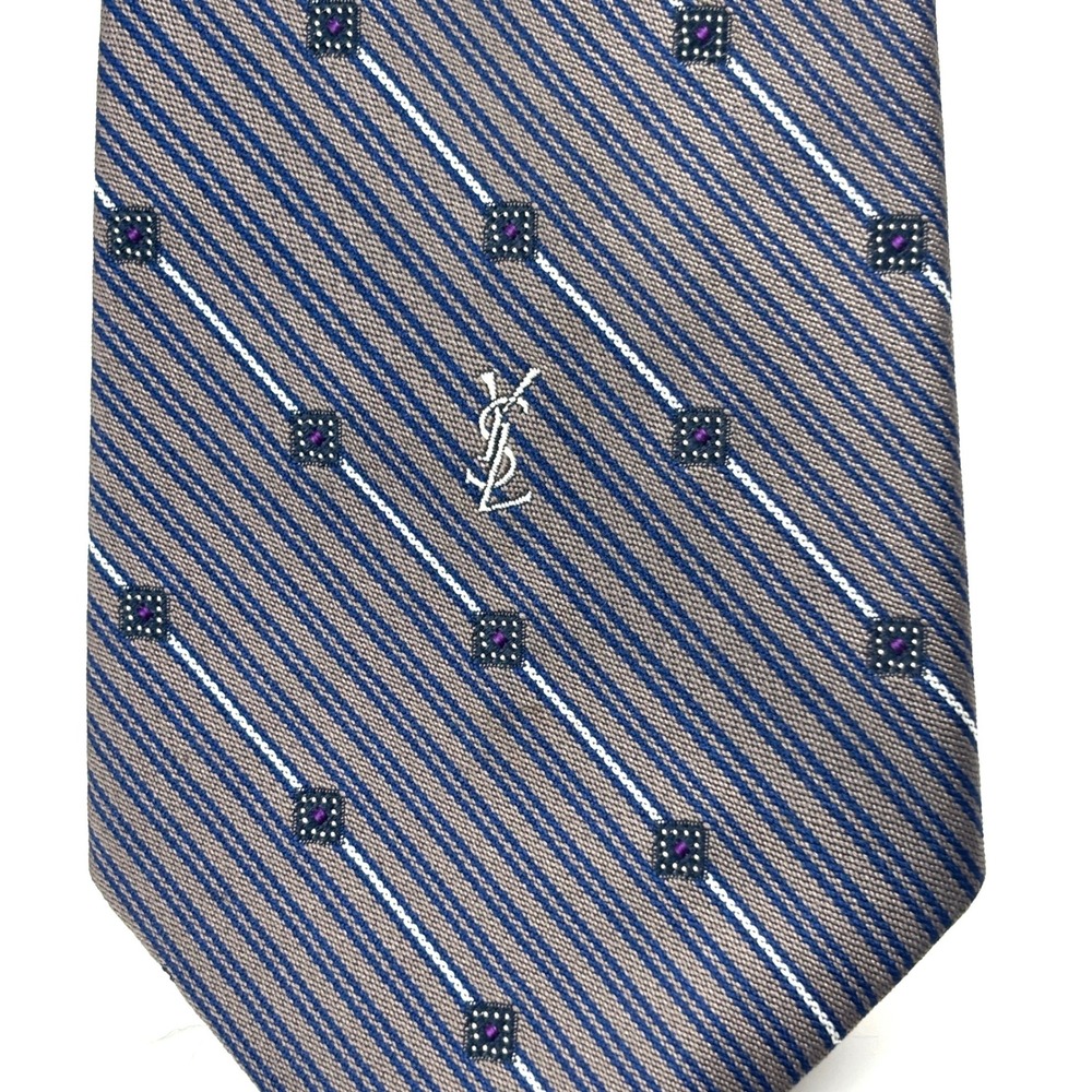 Yves Saint Laurent Tie Mens OS Blue Grey Striped Good YSL Logo Silk Accessory
